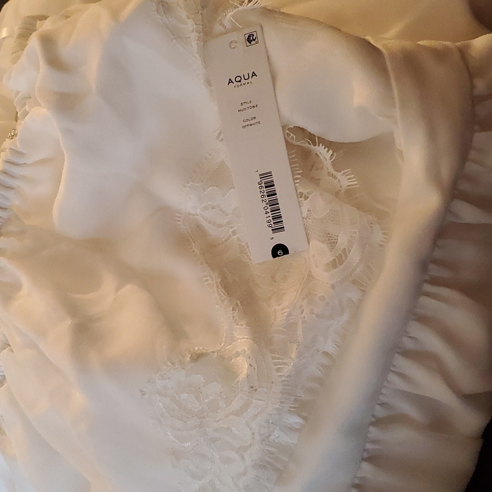 NWT Aqua Formal White Lace Trim Offshoulder Ruffle Maxi Evening Dress - Picture 8 of 14
